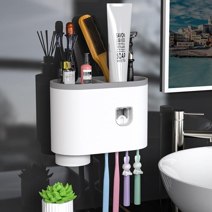 Toothbrush Holder Storage Rack and Automatic Toothpaste Dispenser Kit with Magnetic Cups